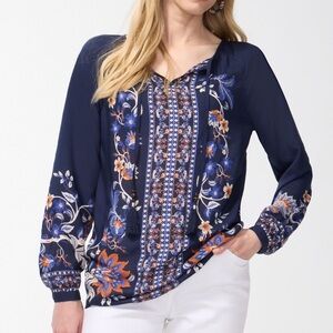 Chicos Sz 0 US 4 Navy Blue Floral Print Boho Peasant Tasseled Pullover Top NWOT